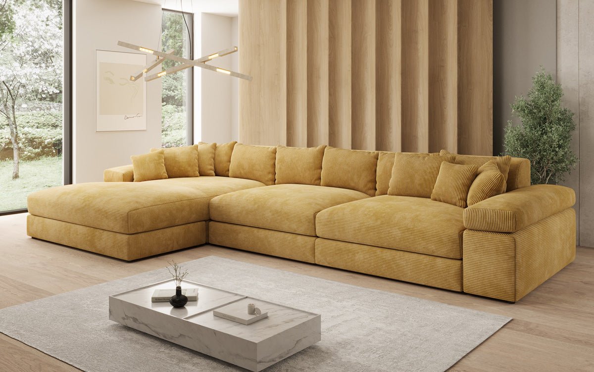 Designersofa Bernardo L Maxi met brede ottomane in ribstof