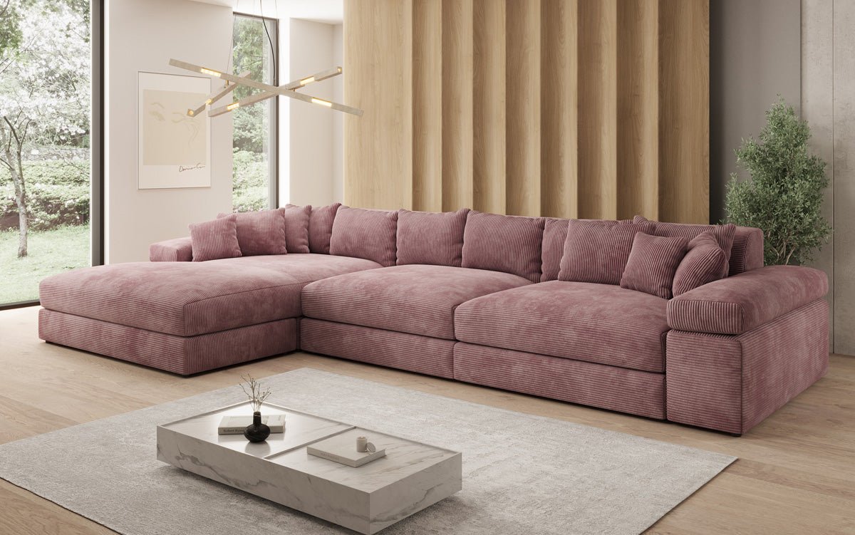 Designersofa Bernardo L Maxi met brede ottomane in ribstof