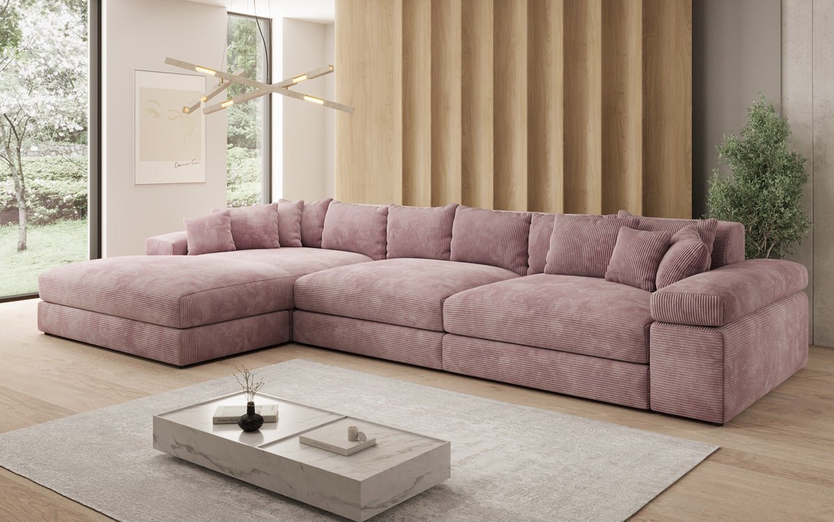 Designersofa Bernardo L Maxi met brede ottomane in ribstof