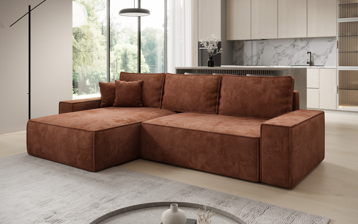 Designer hoekbank Lunaro met slaap- en uitklapfunctie in Ribstof