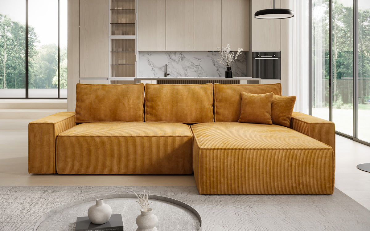 Designer hoekbank Lunaro met slaap- en uitklapfunctie in Ribstof
