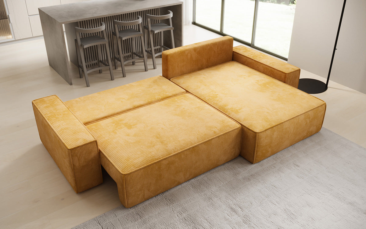 Designer hoekbank Lunaro met slaap- en uitklapfunctie in Ribstof