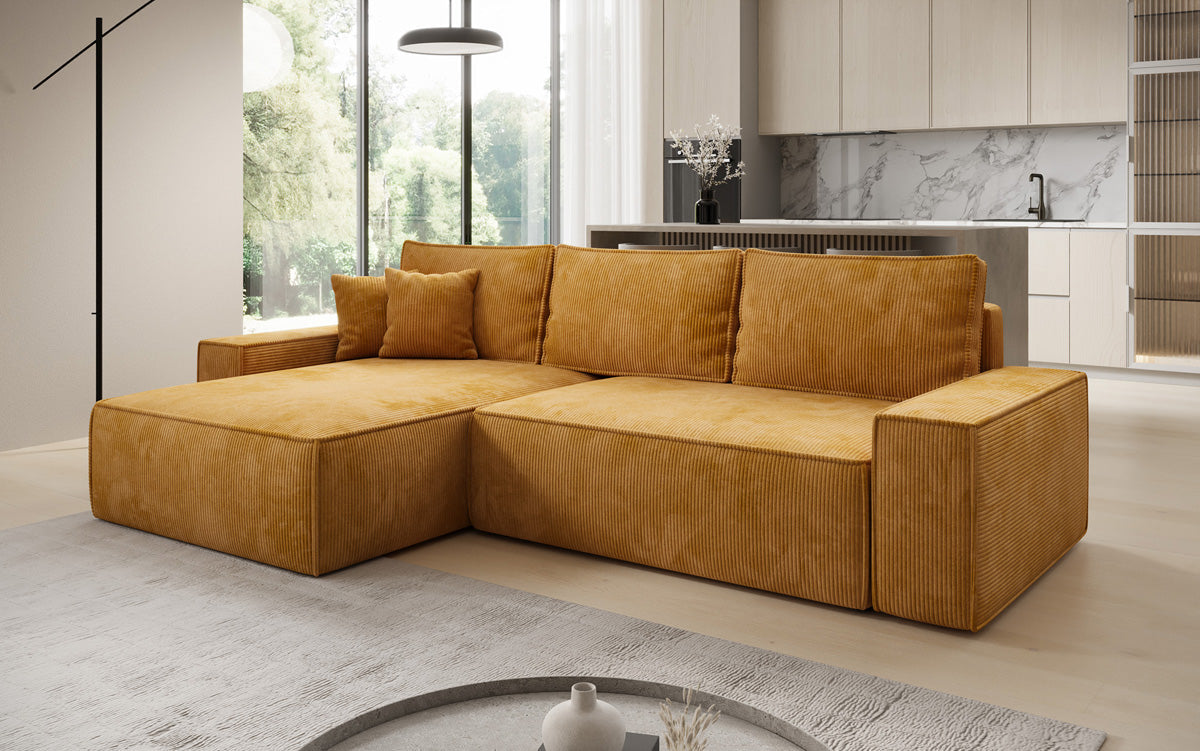 Designer hoekbank Lunaro met slaap- en uitklapfunctie in Ribstof