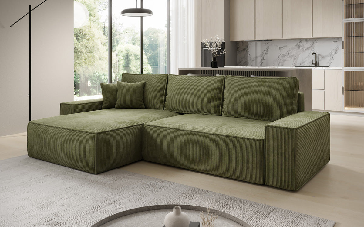 Designer hoekbank Lunaro met slaap- en uitklapfunctie in Ribstof