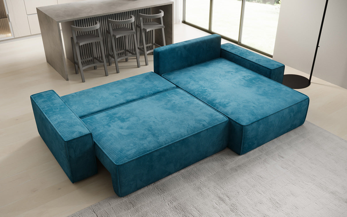 Designer hoekbank Lunaro met slaap- en uitklapfunctie in Ribstof
