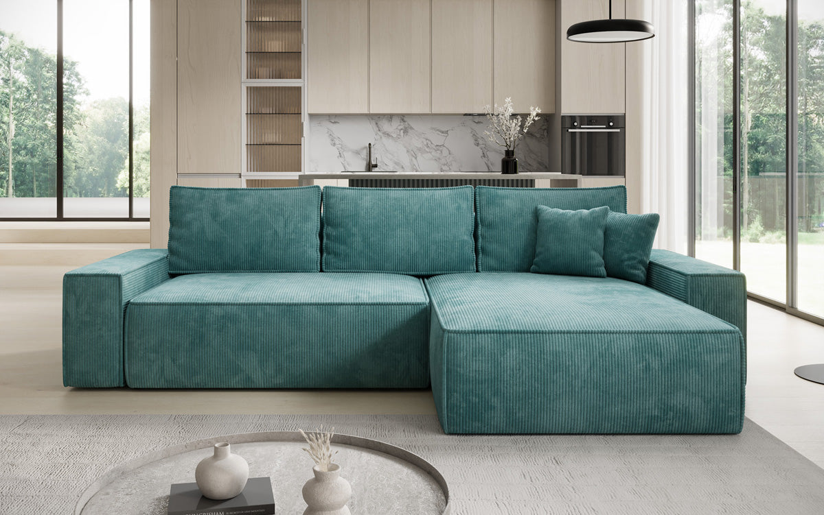 Designer hoekbank Lunaro met slaap- en uitklapfunctie in Ribstof