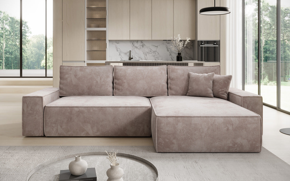 Designer hoekbank Lunaro met slaap- en uitklapfunctie in Ribstof