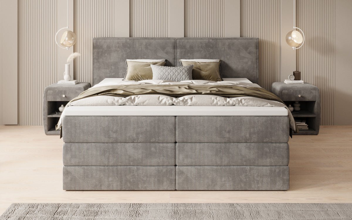 Boxspringbed Ophelia met opklapbare opbergruimte in Ribstof