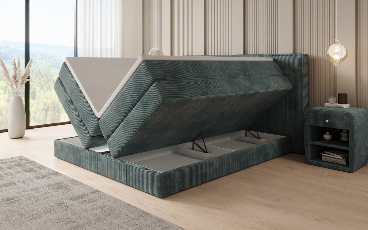 Boxspringbed Ophelia met opklapbare opbergruimte in Ribstof