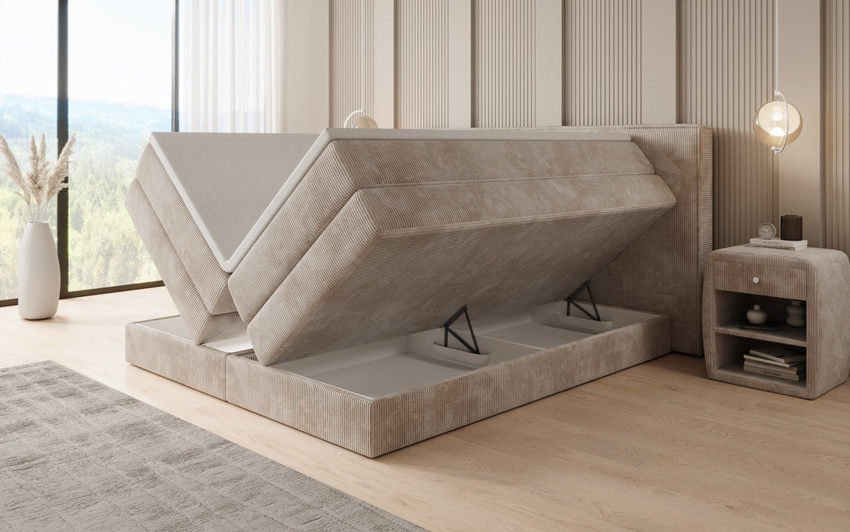 Boxspringbed Ophelia met opklapbare opbergruimte in Ribstof