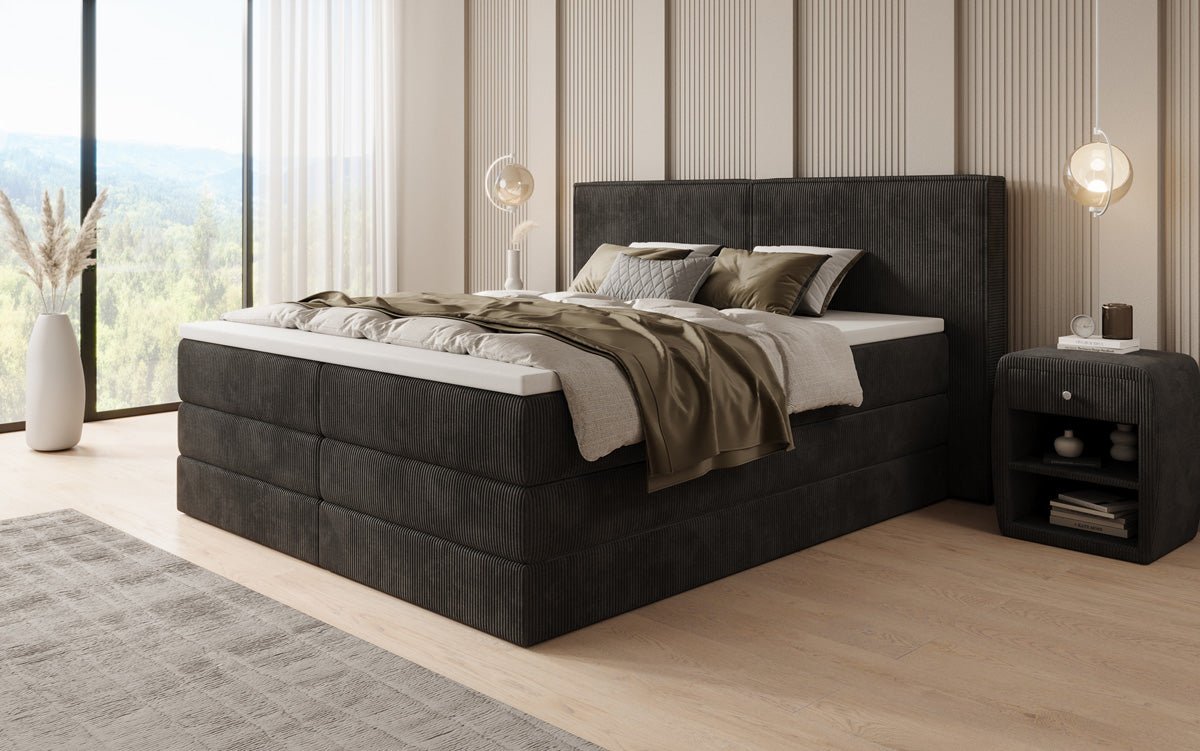 Boxspringbed Ophelia met opklapbare opbergruimte in Ribstof