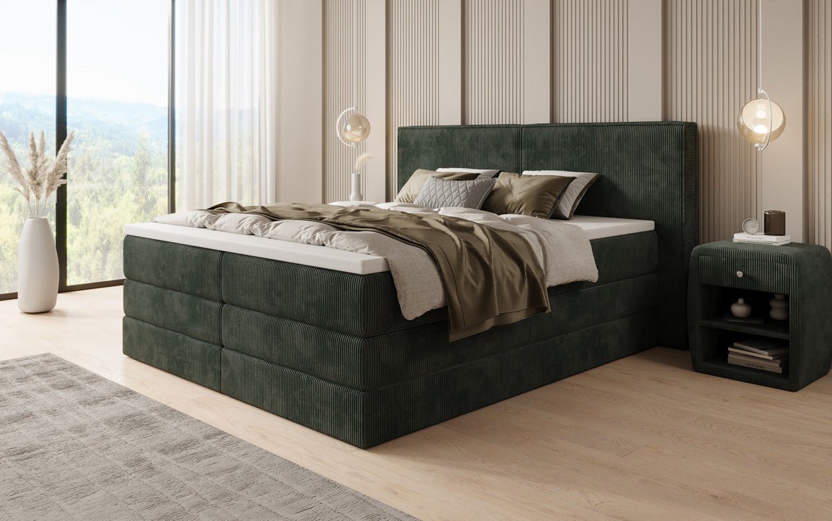 Boxspringbed Ophelia met opklapbare opbergruimte in Ribstof