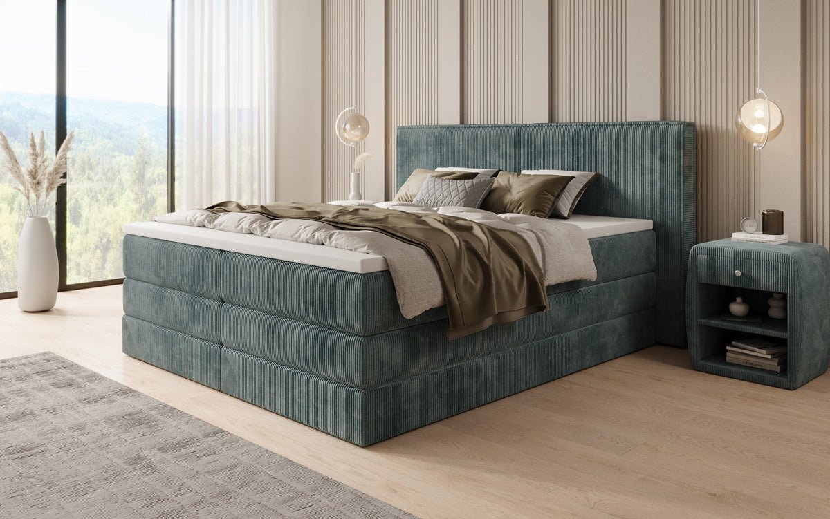 Boxspringbed Ophelia met opklapbare opbergruimte in Ribstof
