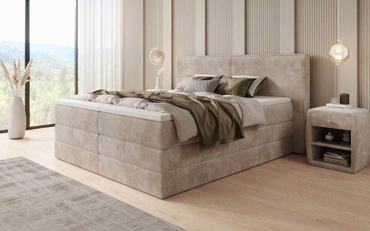 Boxspringbed Ophelia met opklapbare opbergruimte in Ribstof