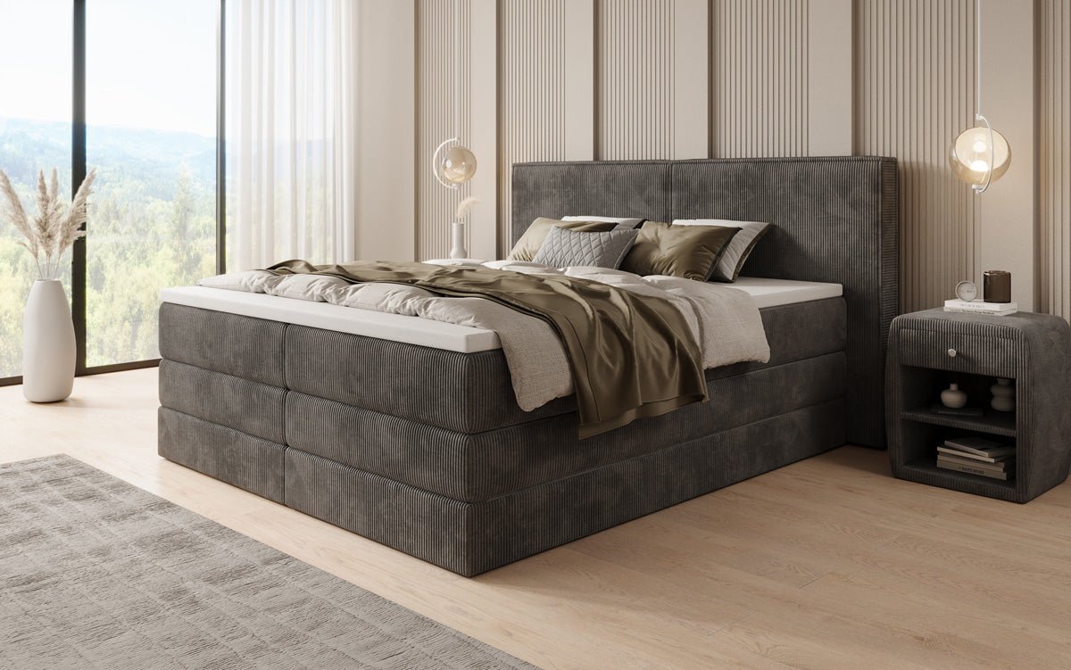 Boxspringbed Ophelia met opklapbare opbergruimte in Ribstof