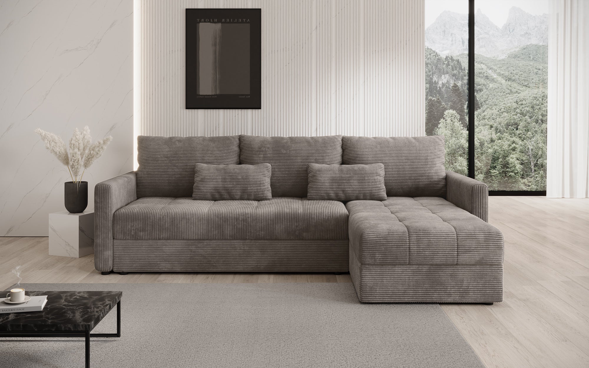 Designer Sofa Roma in Cord mit Schlaf- und Klappfunktion