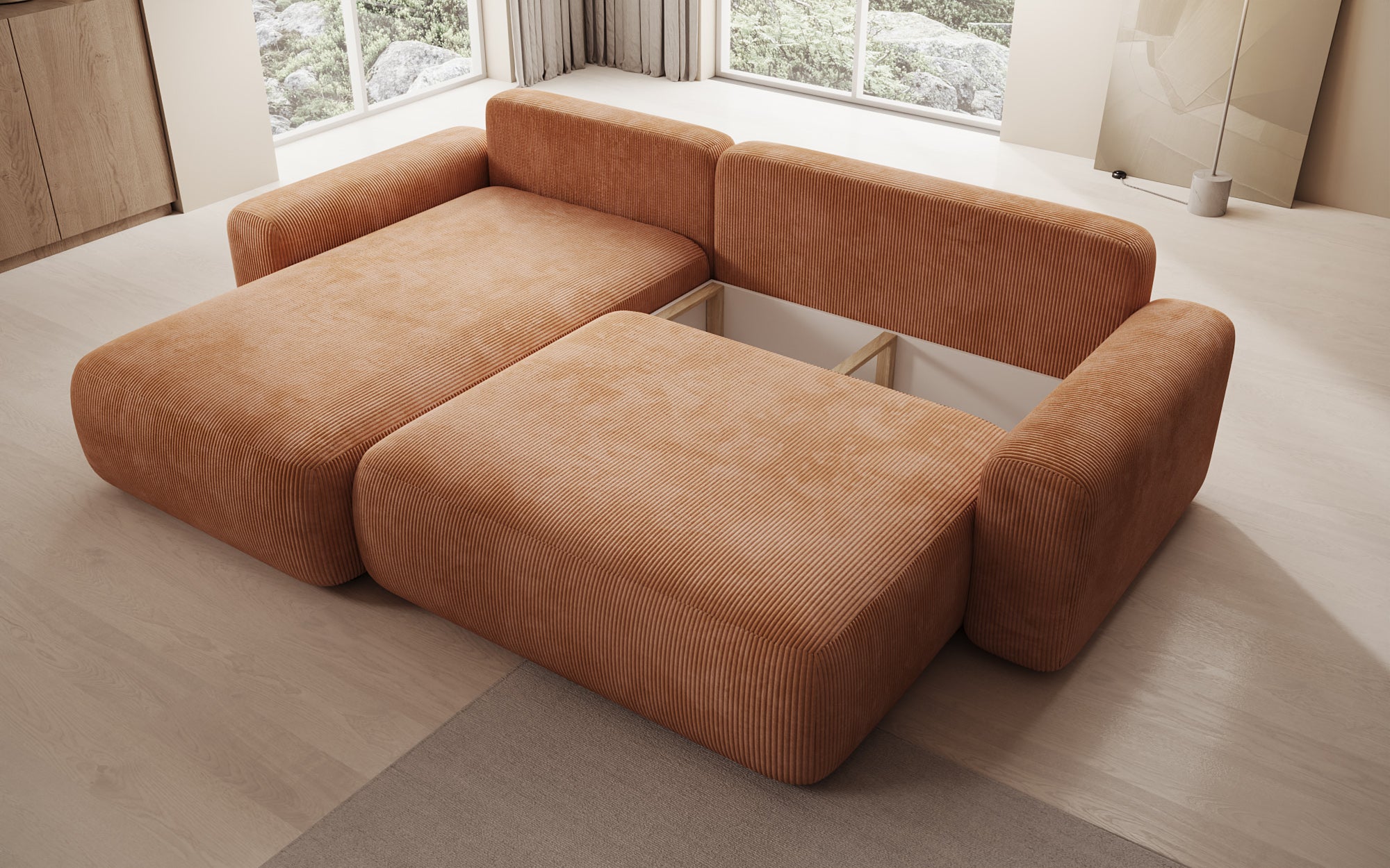 Canapé design Lola avec fonction couchage et fonction pliante en Côtelé