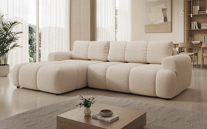 Designer Ecksofa Analfi mit Schlaf- und Klappfunktion in Bouclé