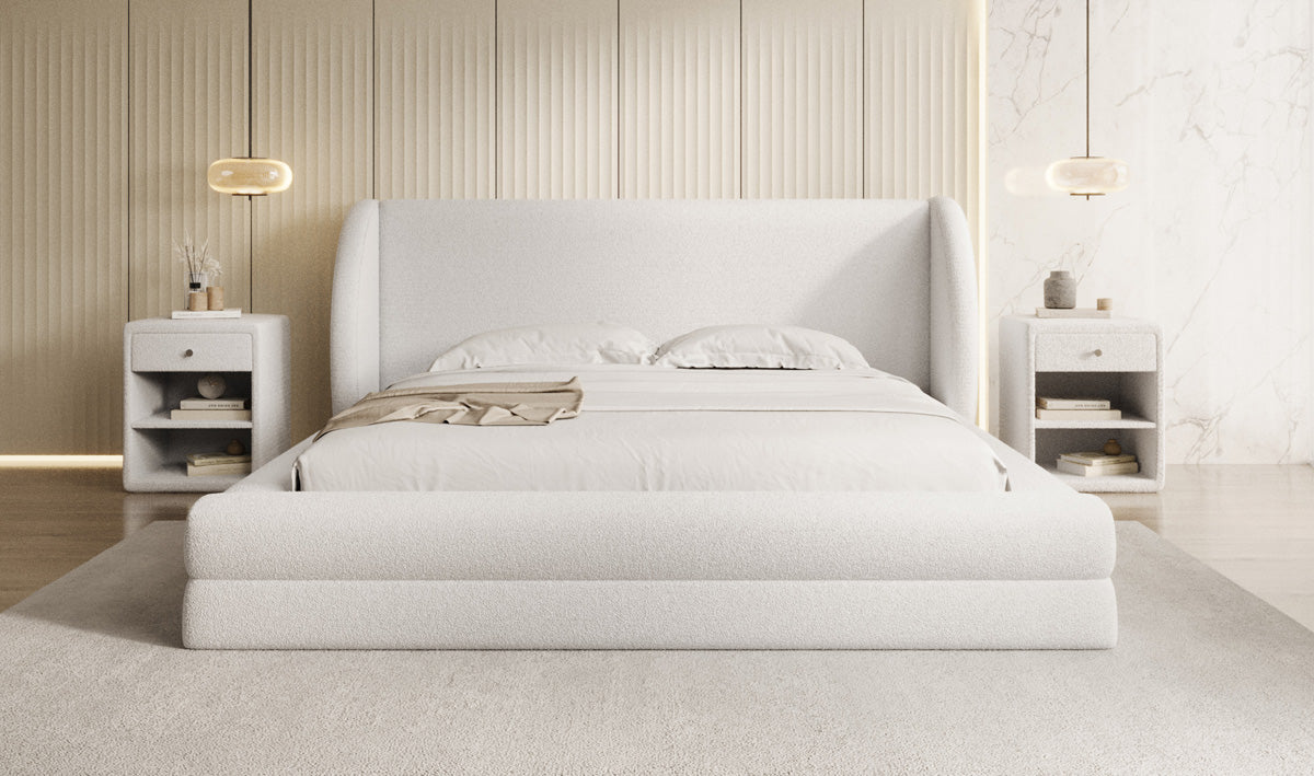 Design gestoffeerd bed Liv in Teddystof Bouclé met opbergruimte