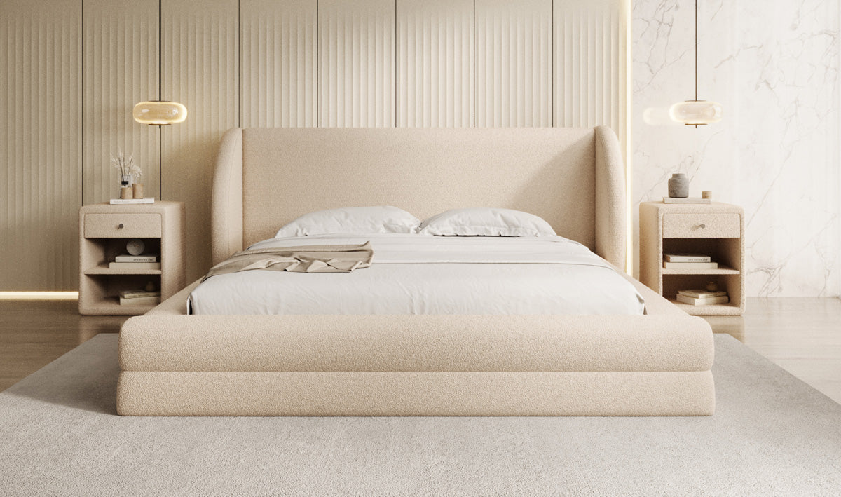 Design gestoffeerd bed Liv in Teddystof Bouclé met opbergruimte