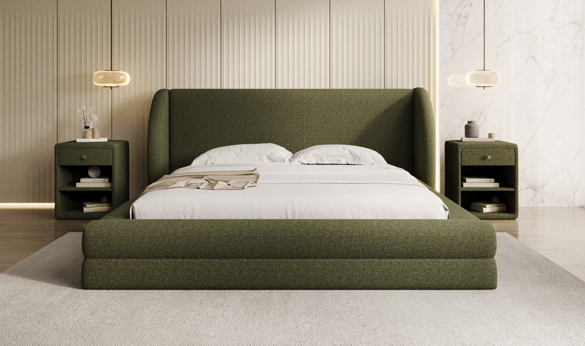 Design gestoffeerd bed Liv in Teddystof Bouclé met opbergruimte
