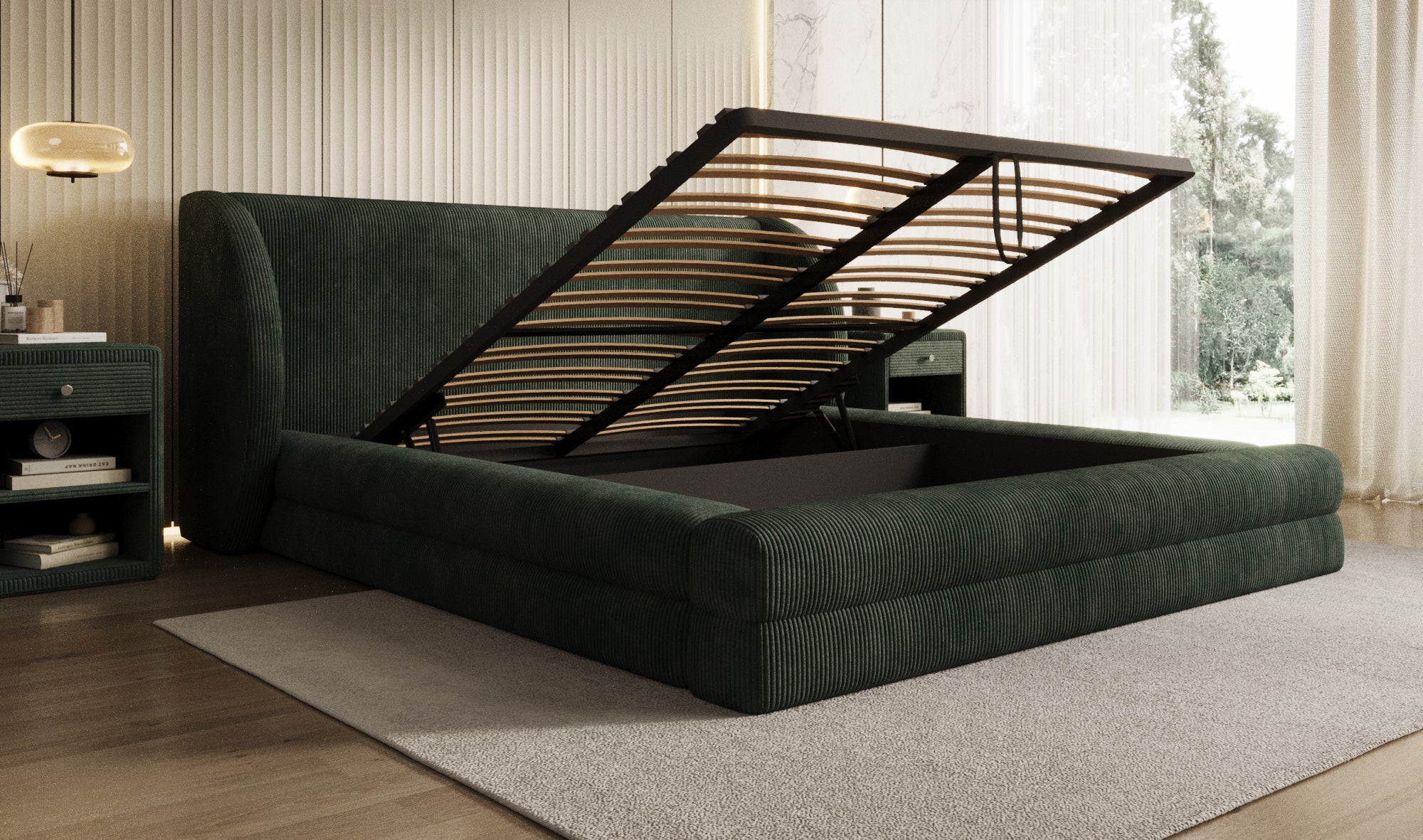 Lit rembourré design Liv en Côtelé avec espace de rangement