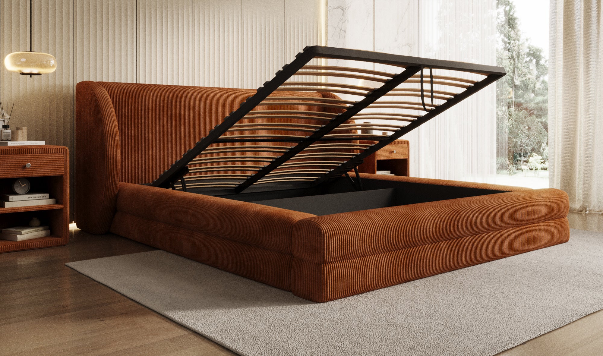 Lit rembourré design Liv en Côtelé avec espace de rangement