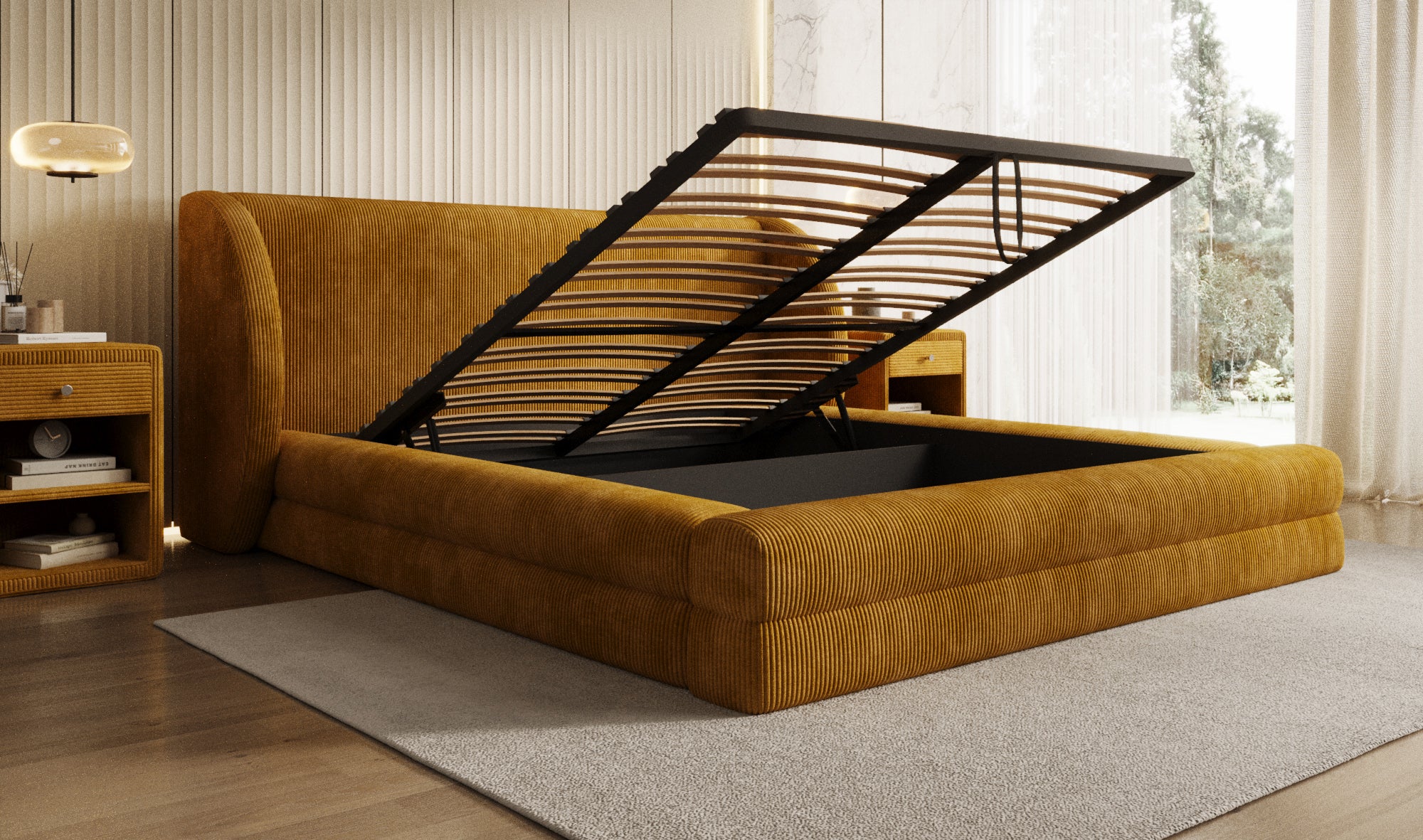 Lit rembourré design Liv en Côtelé avec espace de rangement