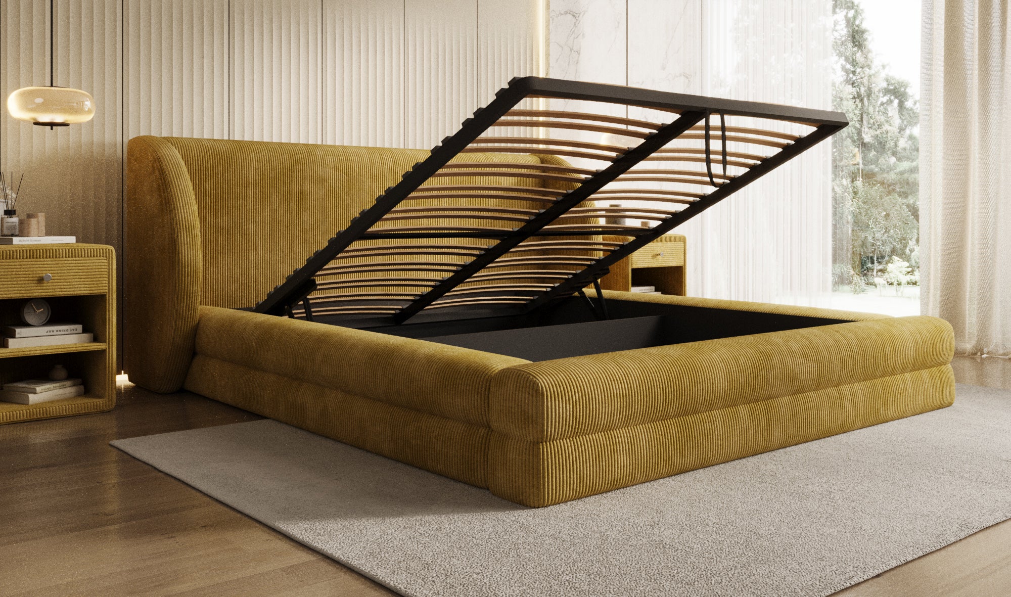 Lit rembourré design Liv en Côtelé avec espace de rangement
