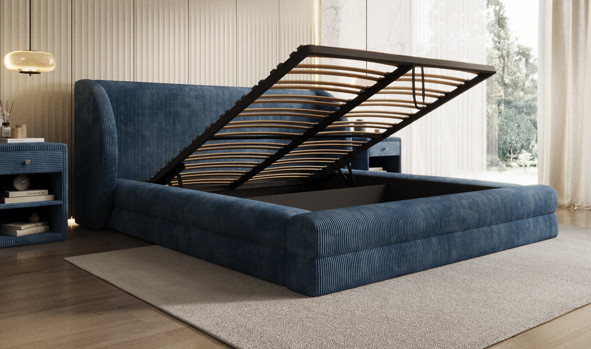 Lit rembourré design Liv en Côtelé avec espace de rangement