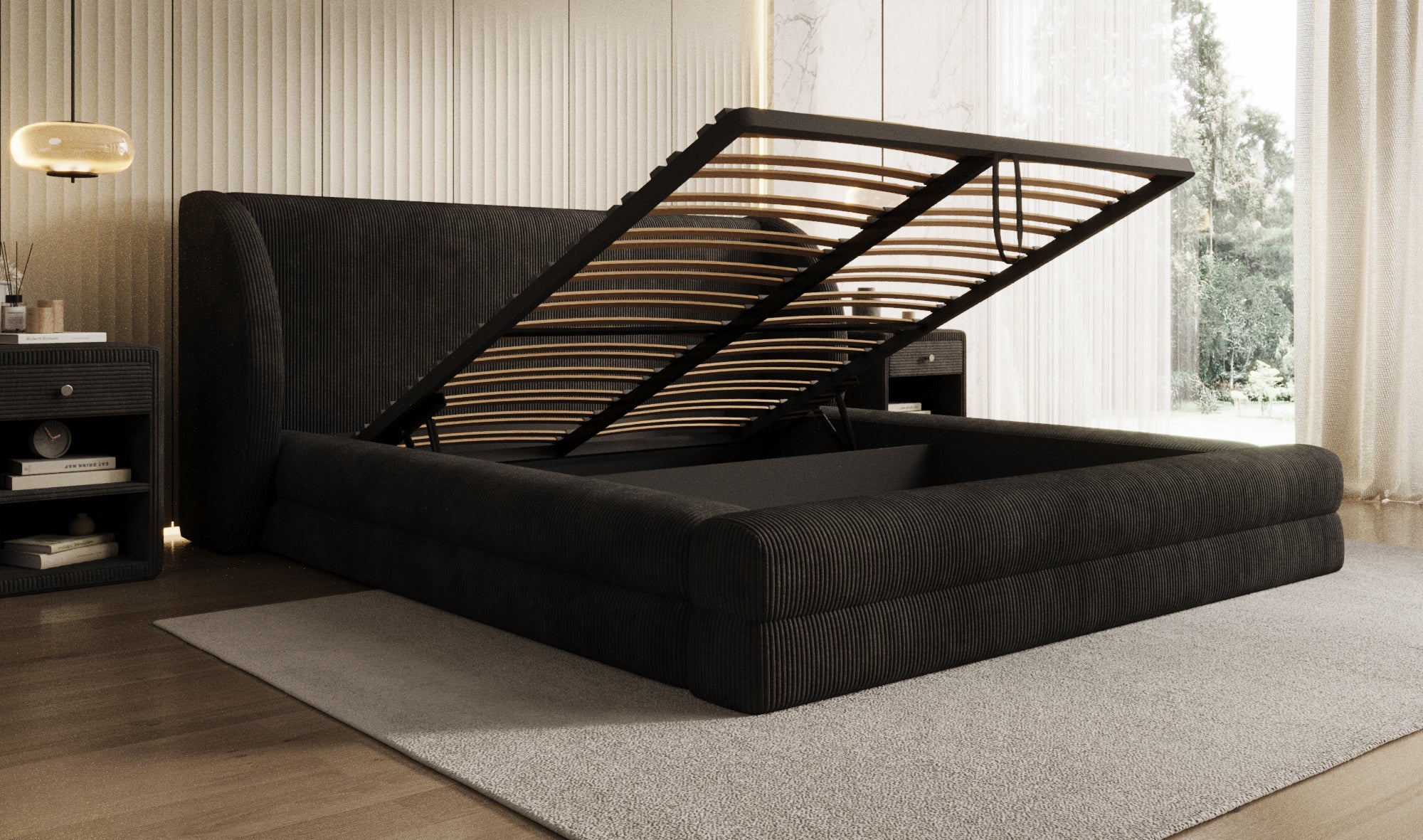 Lit rembourré design Liv en Côtelé avec espace de rangement