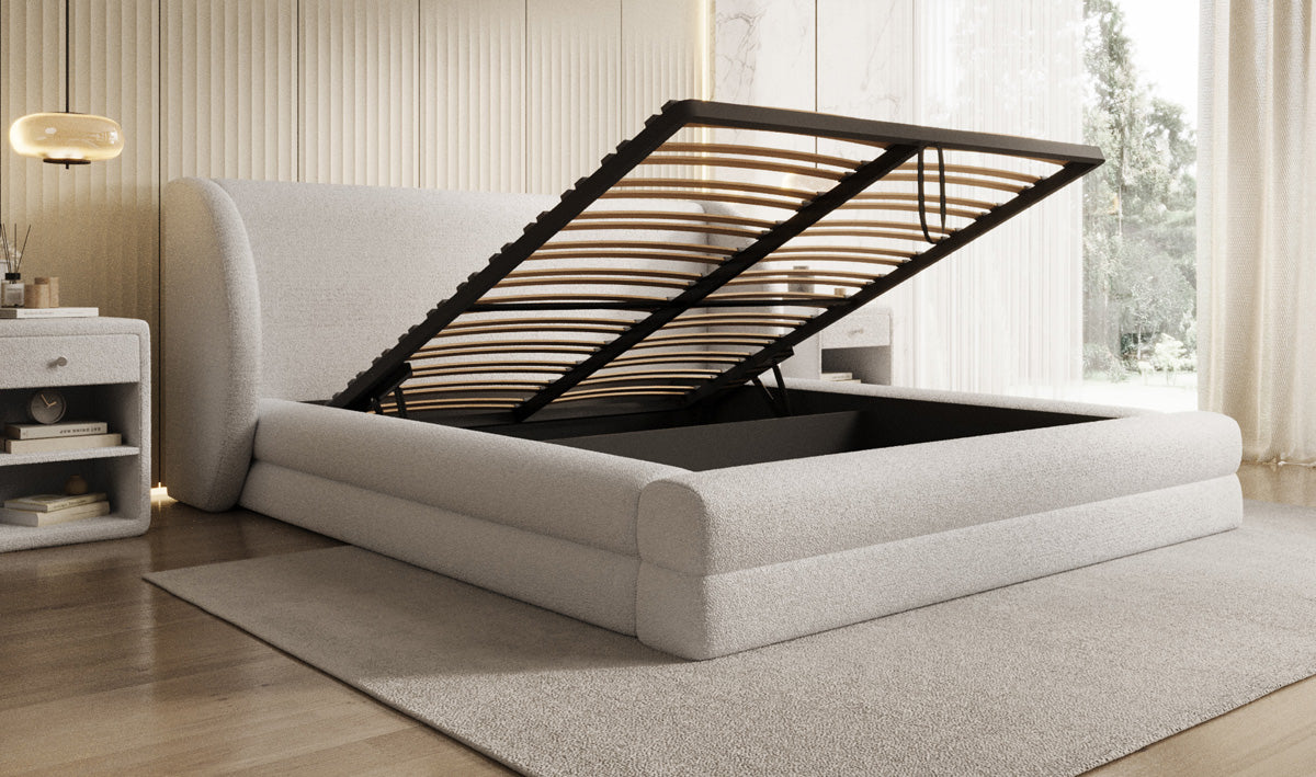Design gestoffeerd bed Liv in Teddystof Bouclé met opbergruimte