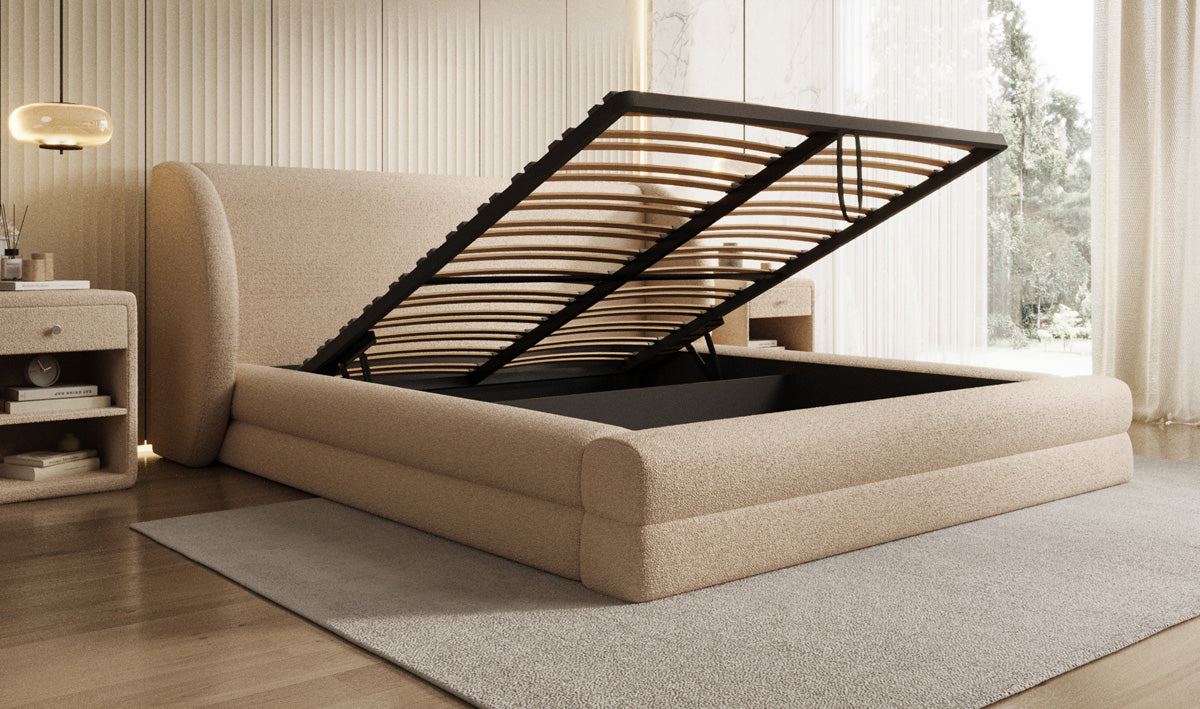 Design gestoffeerd bed Liv in Teddystof Bouclé met opbergruimte