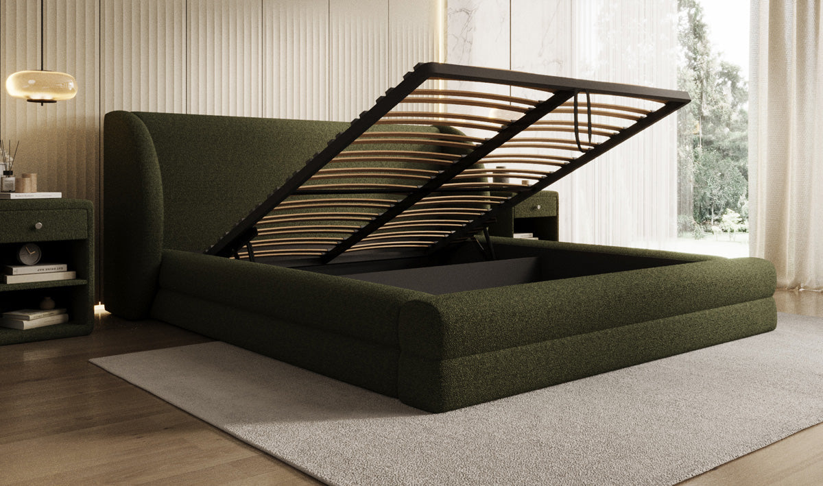 Design gestoffeerd bed Liv in Teddystof Bouclé met opbergruimte