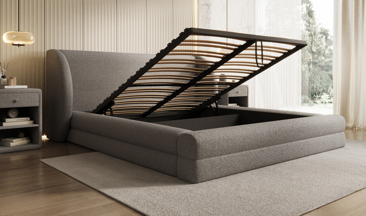 Design gestoffeerd bed Liv in Teddystof Bouclé met opbergruimte