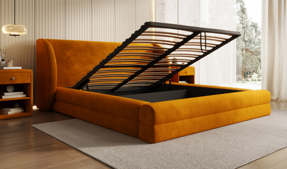 Designer gestoffeerd bed Liv in Fluweel met opbergruimte
