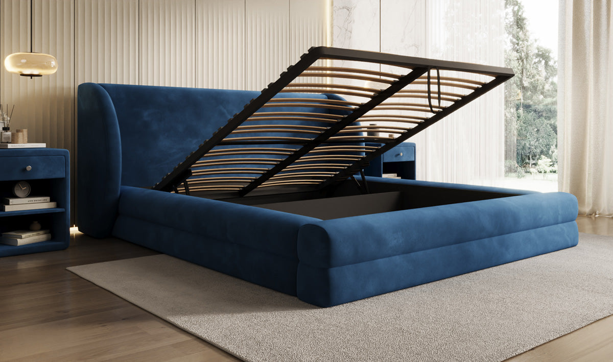 Designer gestoffeerd bed Liv in Fluweel met opbergruimte