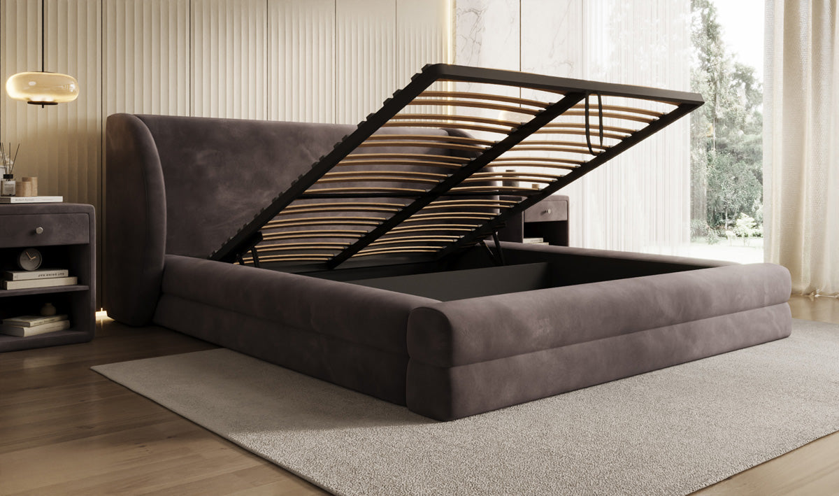 Designer gestoffeerd bed Liv in Fluweel met opbergruimte