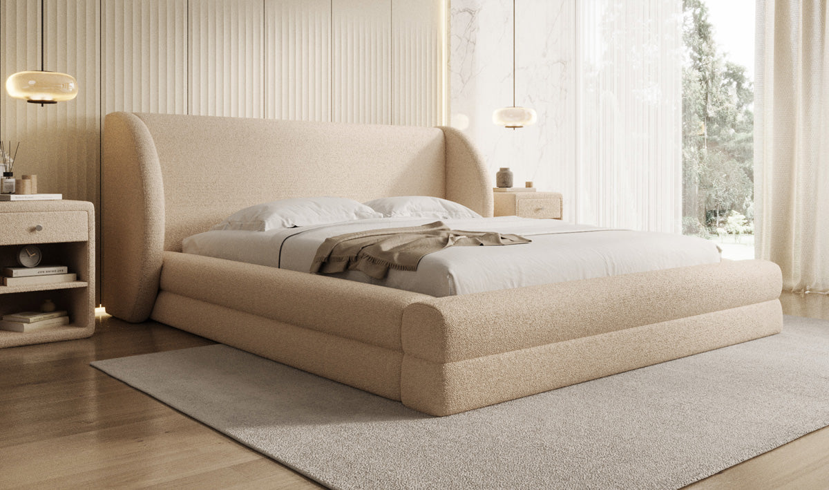 Design gestoffeerd bed Liv in Teddystof Bouclé met opbergruimte