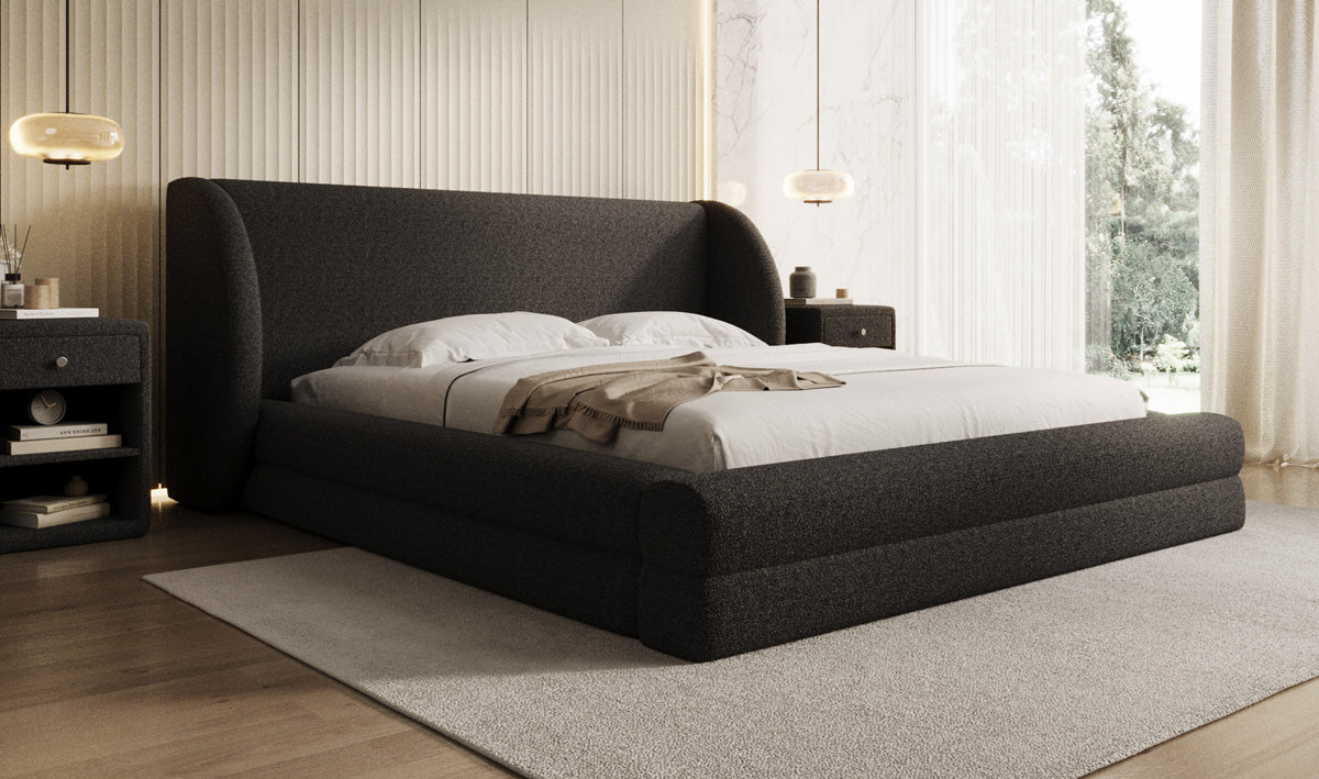 Design gestoffeerd bed Liv in Teddystof Bouclé met opbergruimte