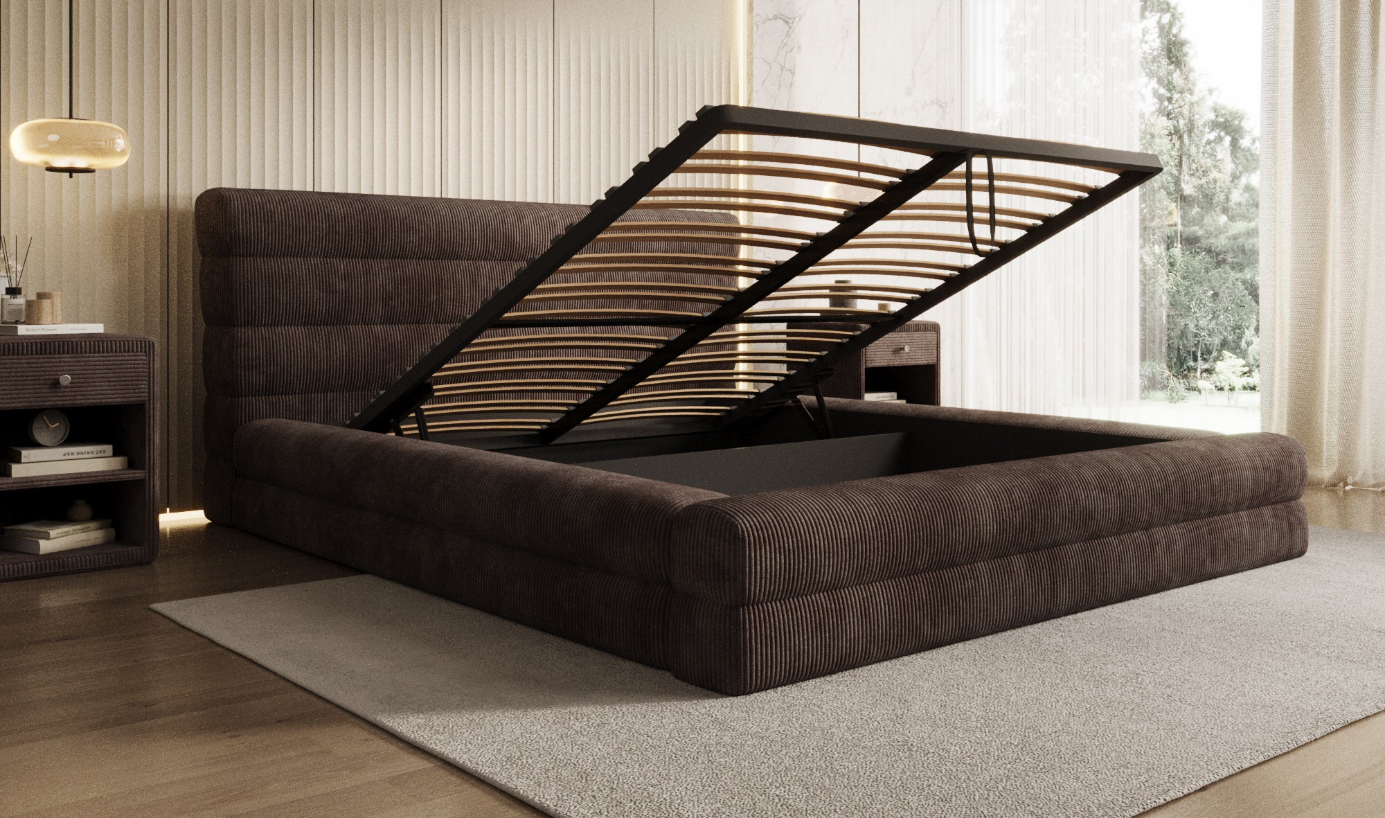 Design gestoffeerd bed Maren Ribstof met opbergruimte