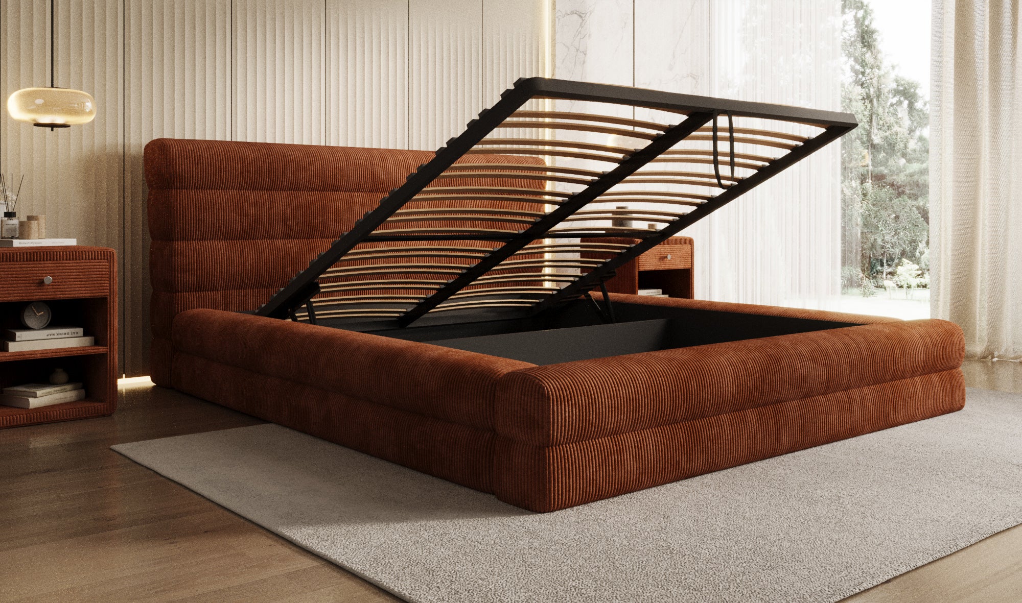 Design gestoffeerd bed Maren Ribstof met opbergruimte