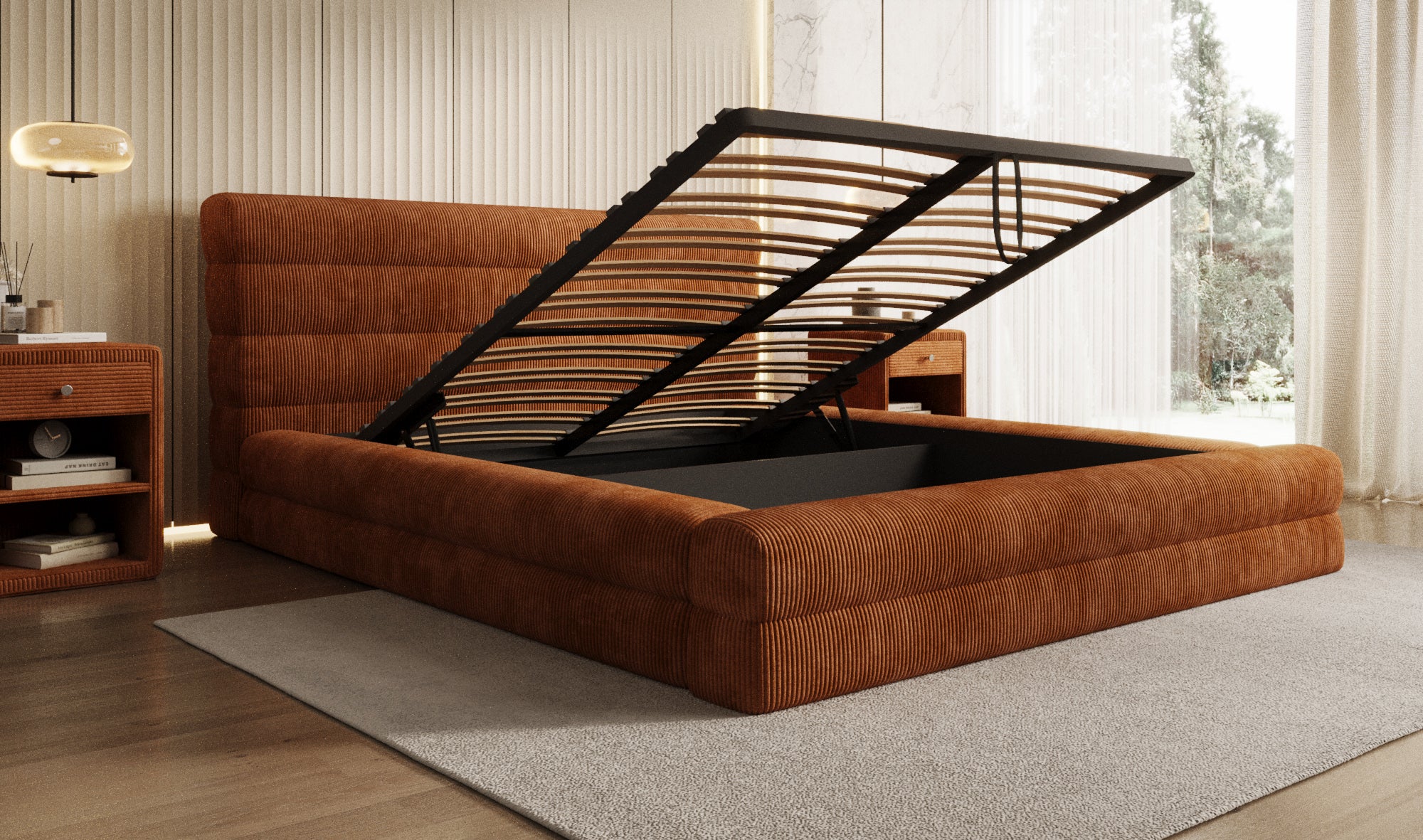 Design gestoffeerd bed Maren Ribstof met opbergruimte