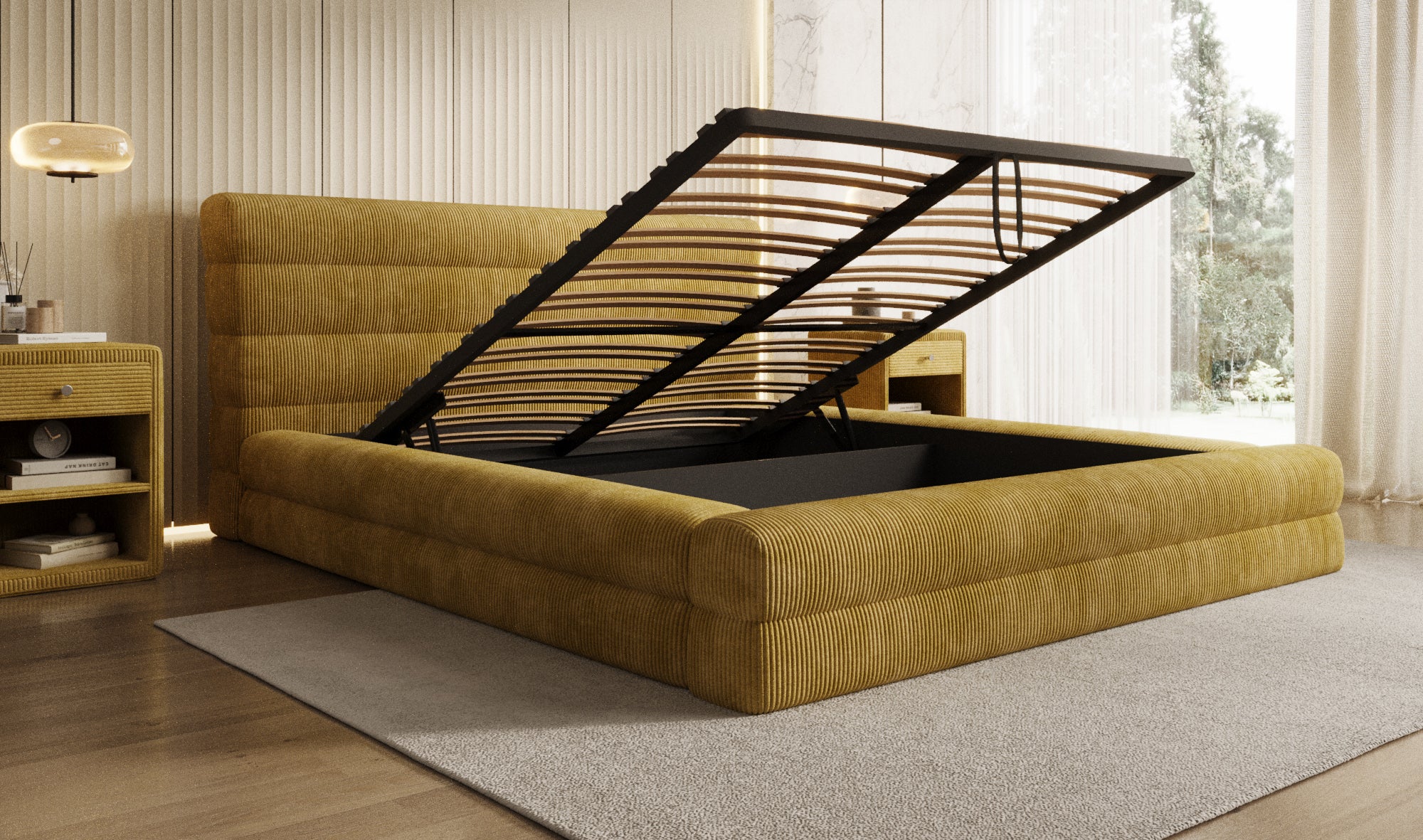 Design gestoffeerd bed Maren Ribstof met opbergruimte