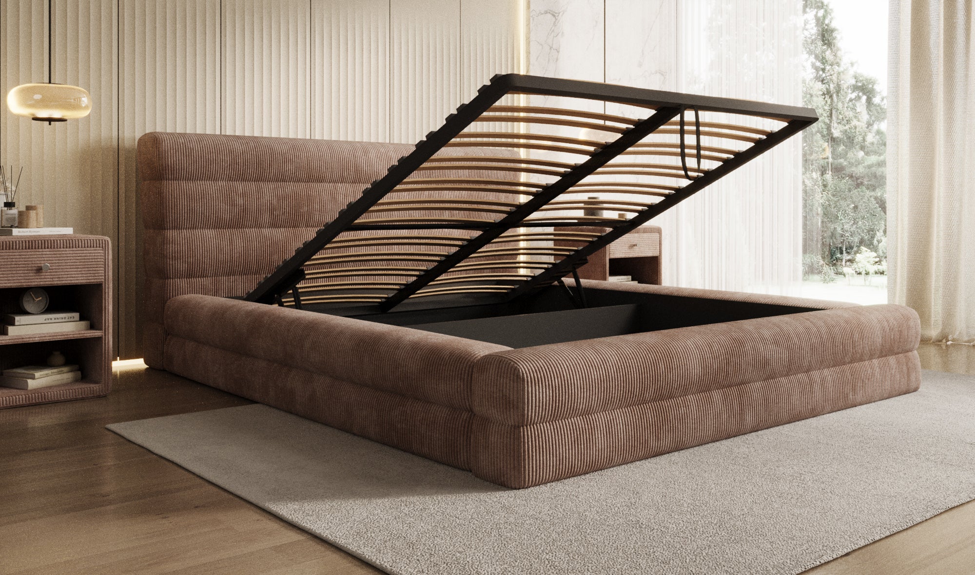 Design gestoffeerd bed Maren Ribstof met opbergruimte