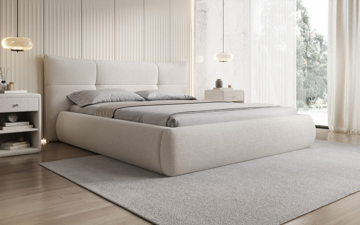 Designer Polsterbett Gioia in Teddy Bouclé mit Stauraum