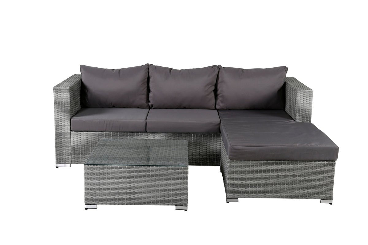 Garten Loungeset Amelia – Polyrattan Sofa mit Tisch & Kissen in Grau