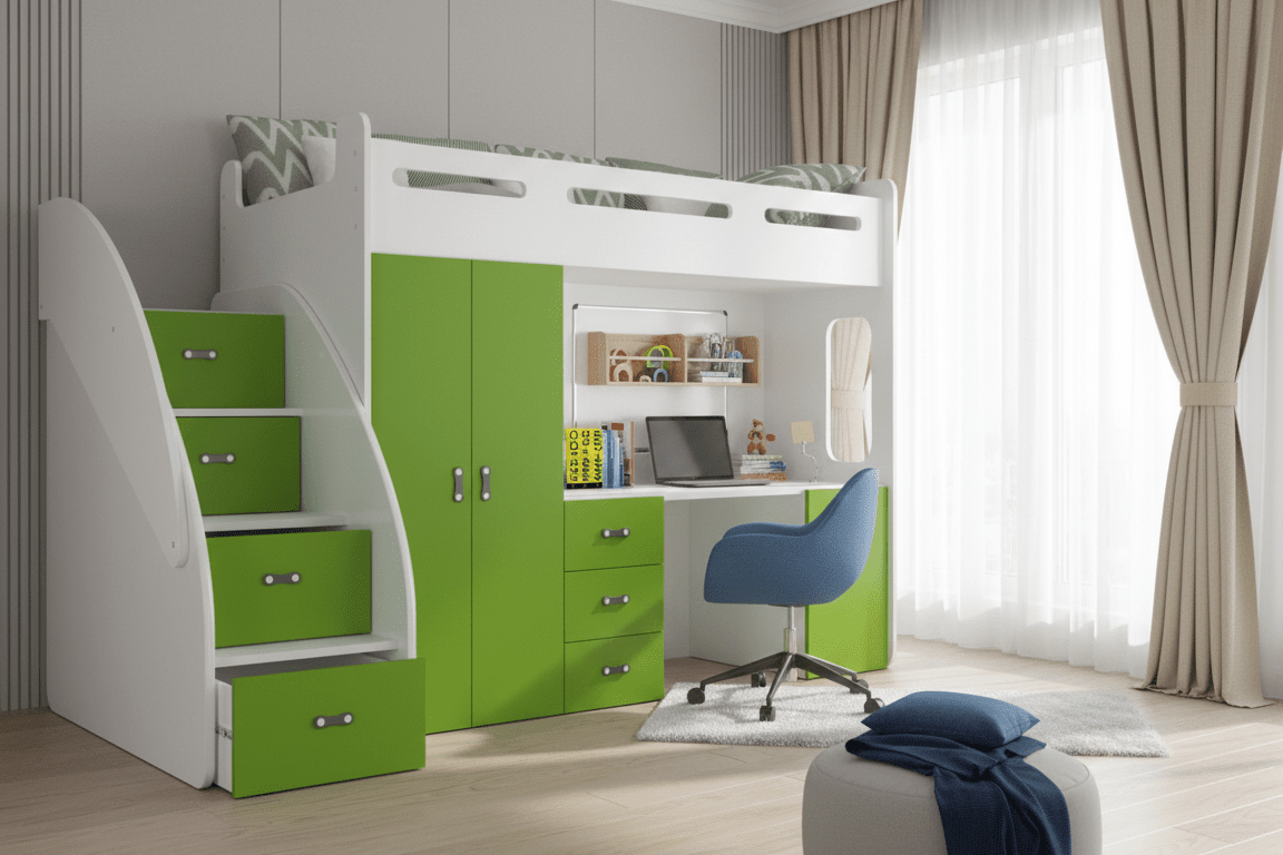 Kinderhochbett Study -  mit Schreibtisch, viel Stauraum & Matratze