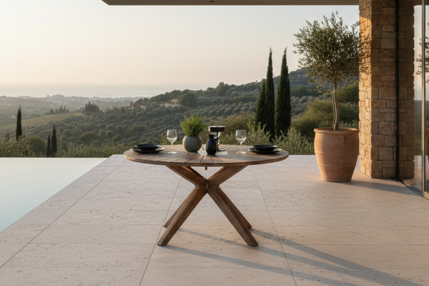 Garten Esstisch Rose - Ø 140cm aus braunem Akazienholz