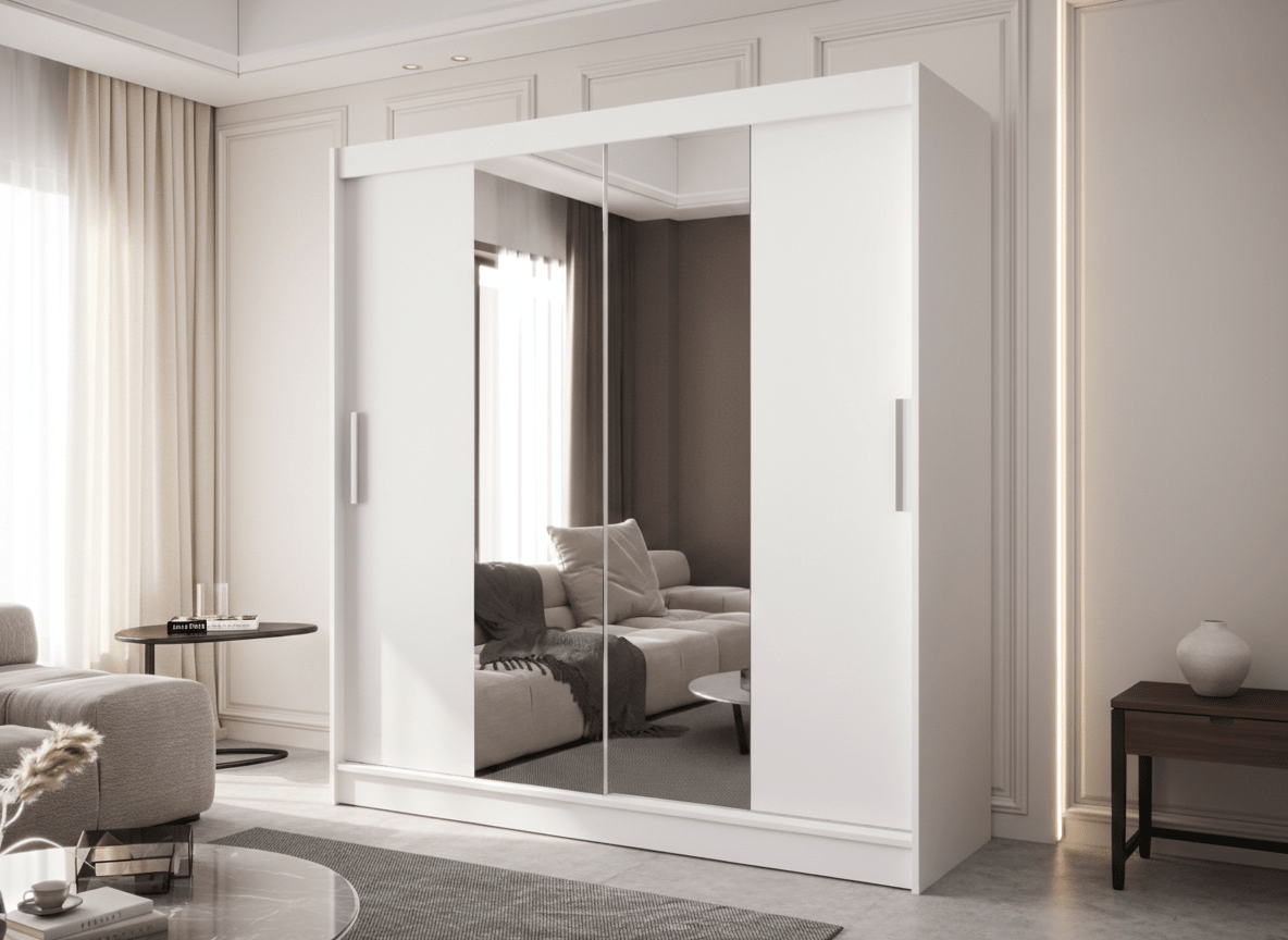 Armoire design Vireo – Blanc ou Noir avec porte miroir et portes coulissantes